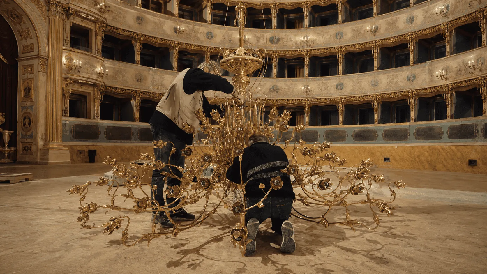 Sul palcoscenico di un teatro, due persone montano i bracci dorati di un grande lampadario appoggiato a terra.