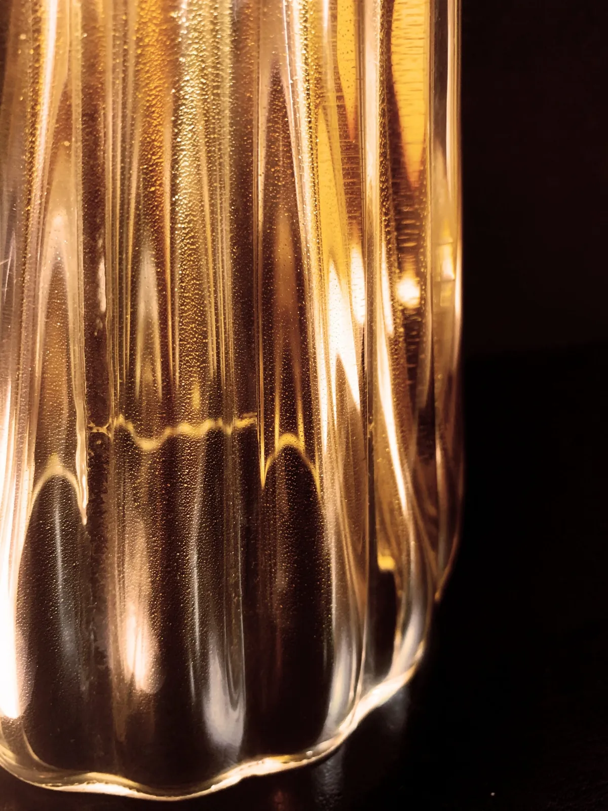 Macro di vetro soffiato in foglia oro: costolature e riflessi caldi su fondo nero.